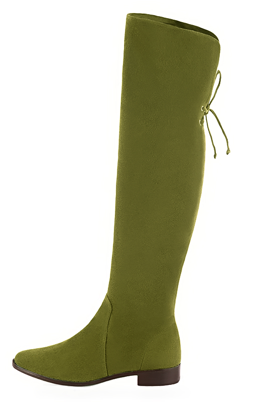 Pistachio green women's leather thigh-high boots. Round toe. Flat leather soles. Made to measure. Profile view - Florence KOOIJMAN